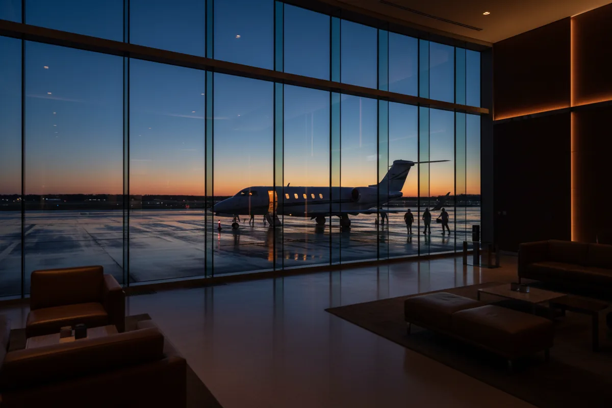 View from a private airport lounge at twilight, looking out at a jet being prepared on the tarmac.