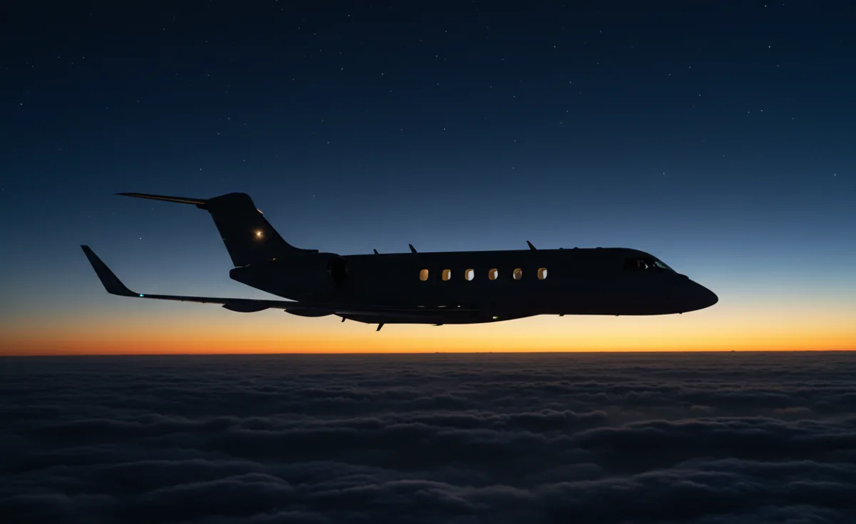 A private jet flies high above the clouds over the ocean at sunset.