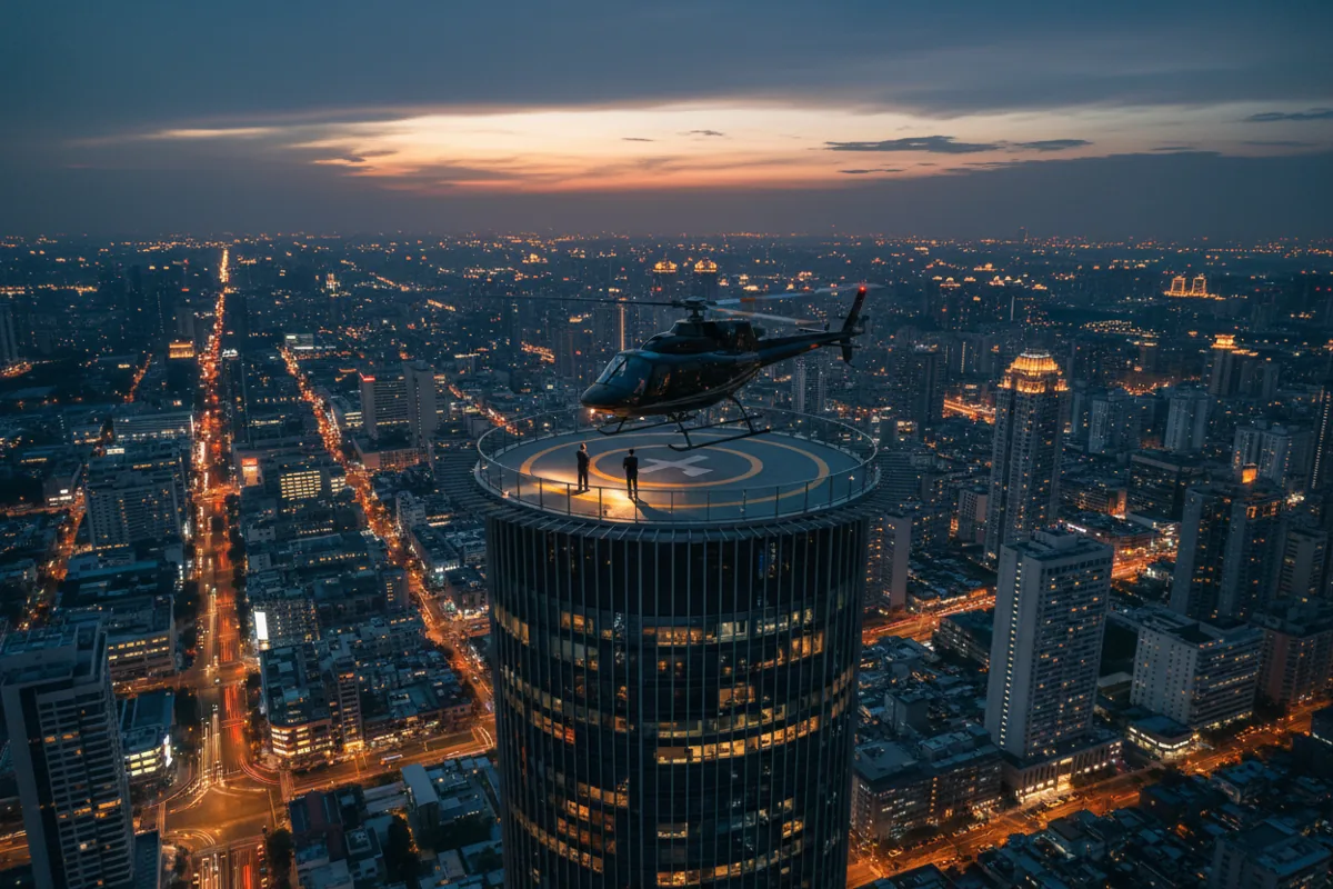 A helicopter lands on a skyscraper helipad at dusk, surrounded by a glowing city skyline.