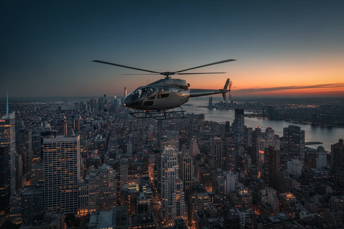 A helicopter flies over the glowing lights of New York City at dusk.