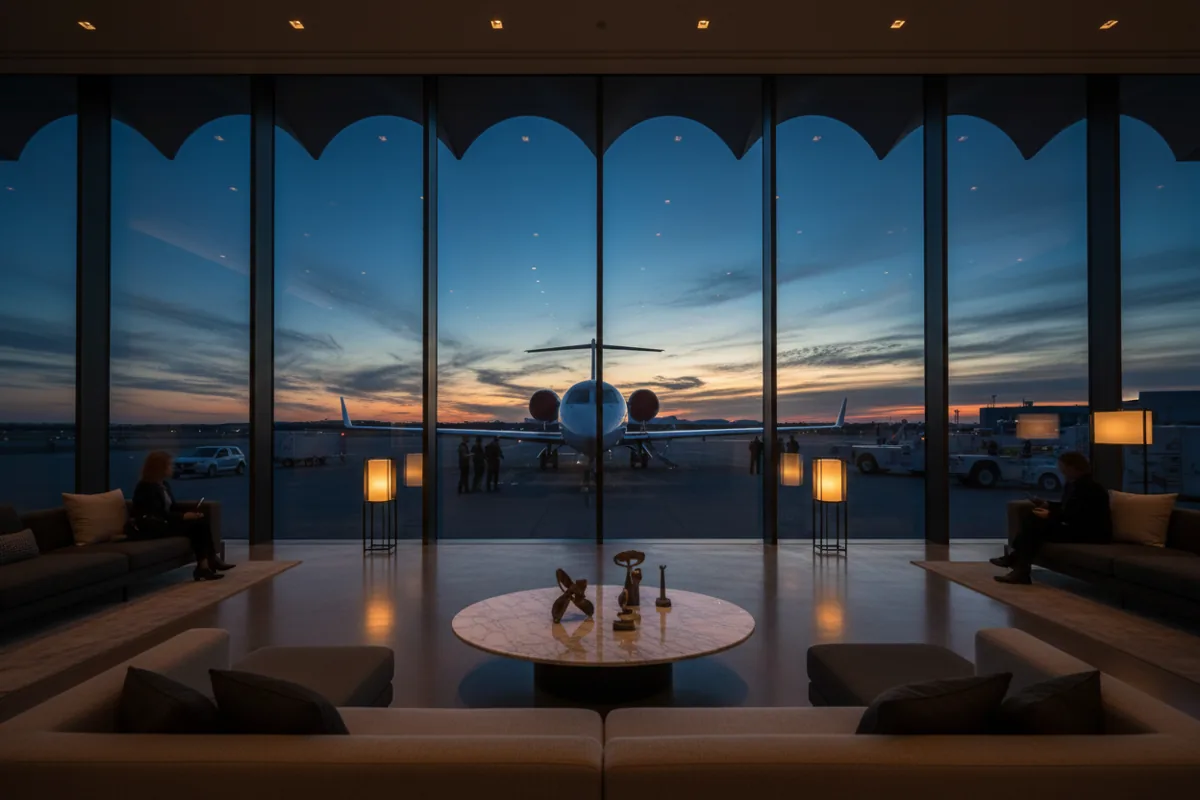 A modern private airport lounge overlooks a jet on the tarmac at dusk.