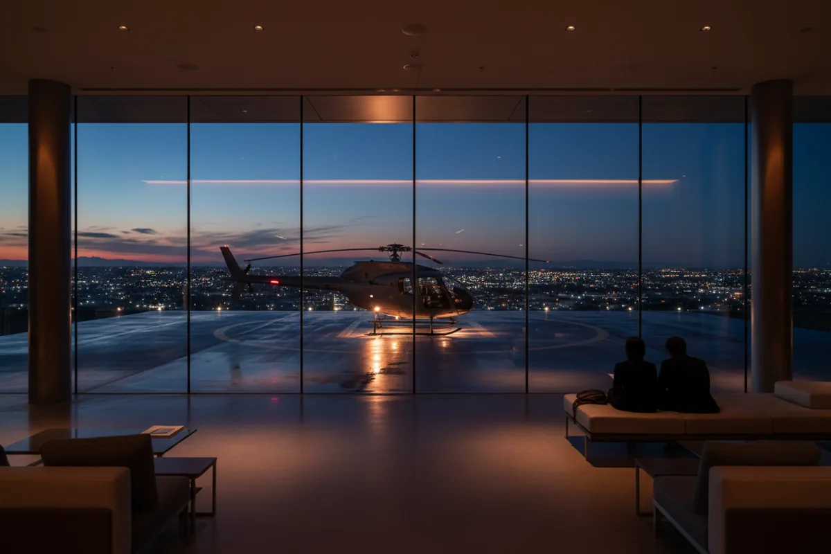 A modern heliport lounge at dusk with a helicopter waiting on the tarmac outside the window.