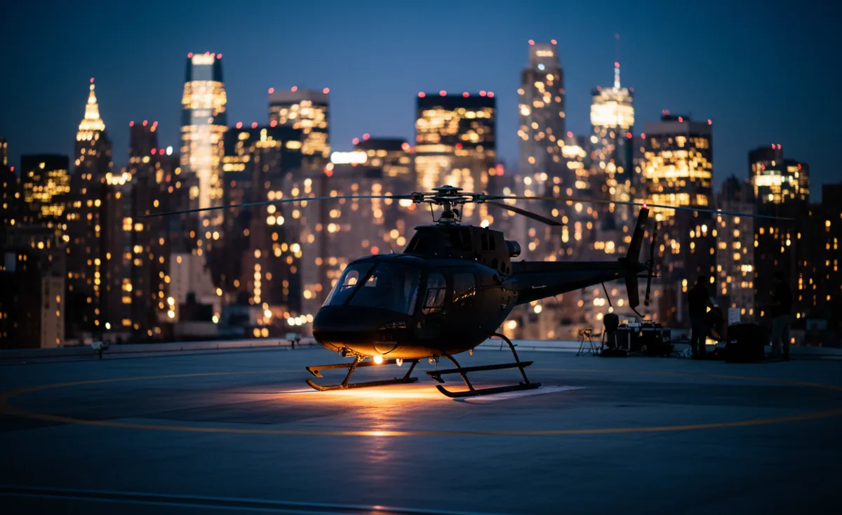 A private helicopter with its lights on sits on a rooftop helipad at night in New York City.