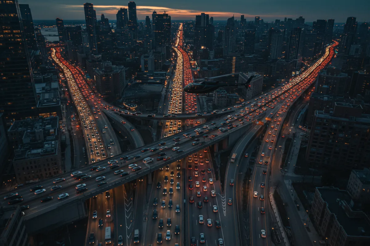 An aerial view of heavy highway traffic at night with a helicopter flying unobstructed overhead.