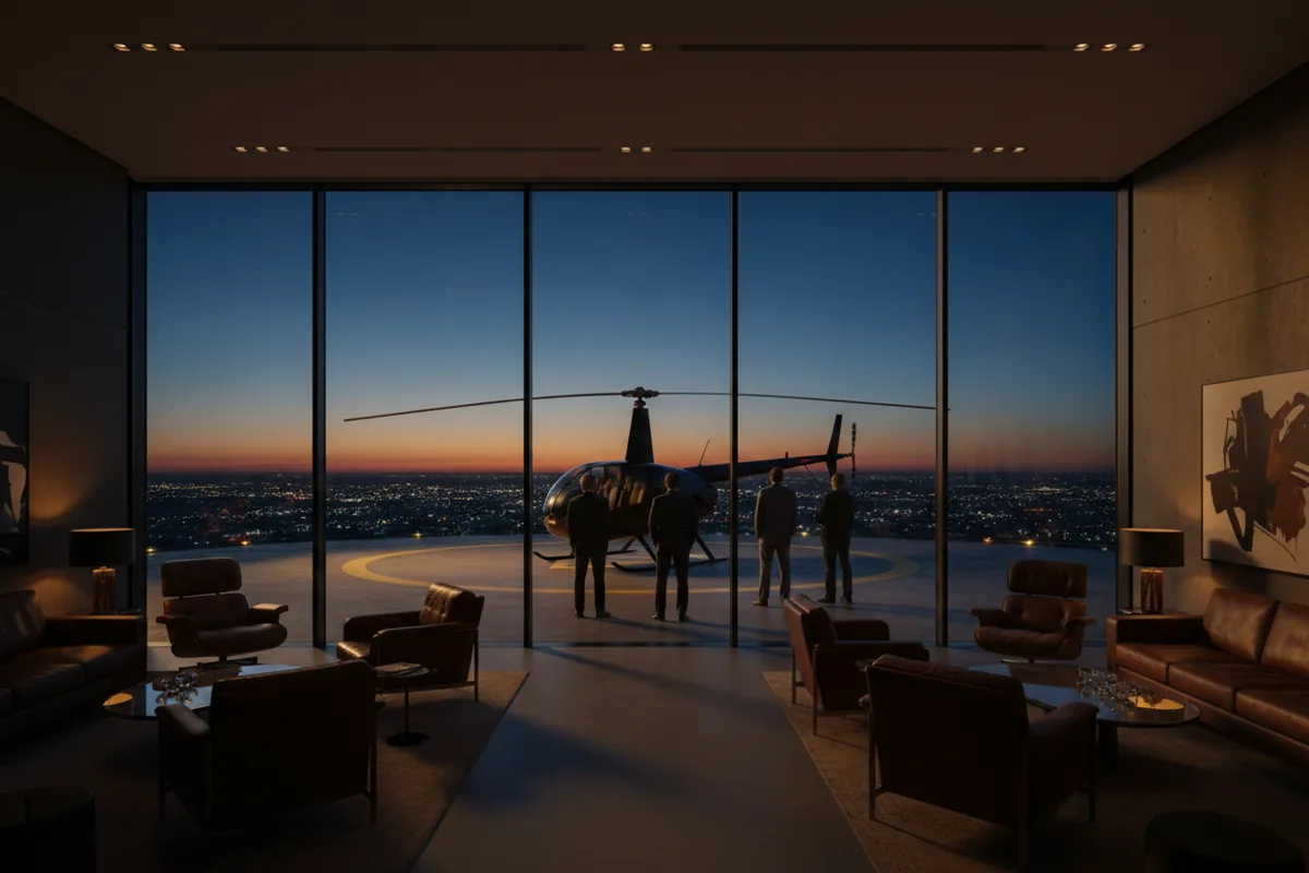 A group of people in a heliport lounge look out at a helicopter on a landing pad at dusk.