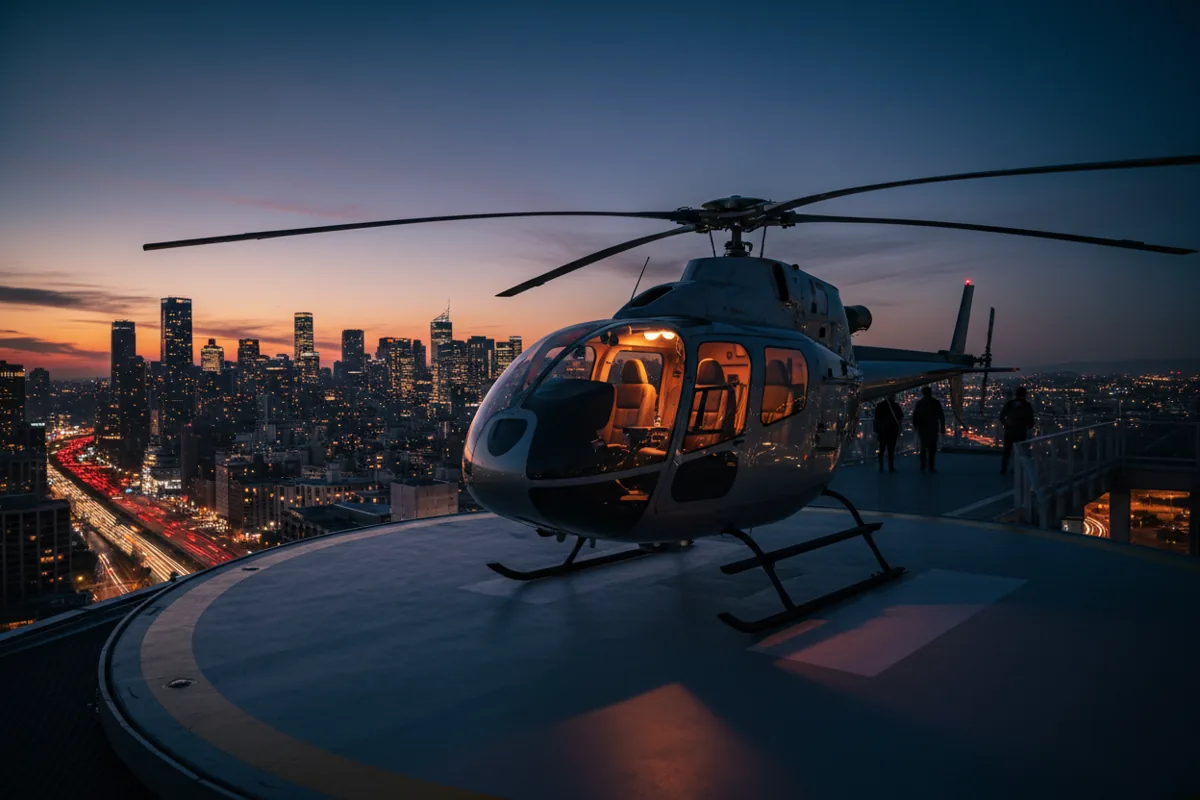 A luxury helicopter with a lit cabin sits on a rooftop helipad surrounded by city lights at dusk.