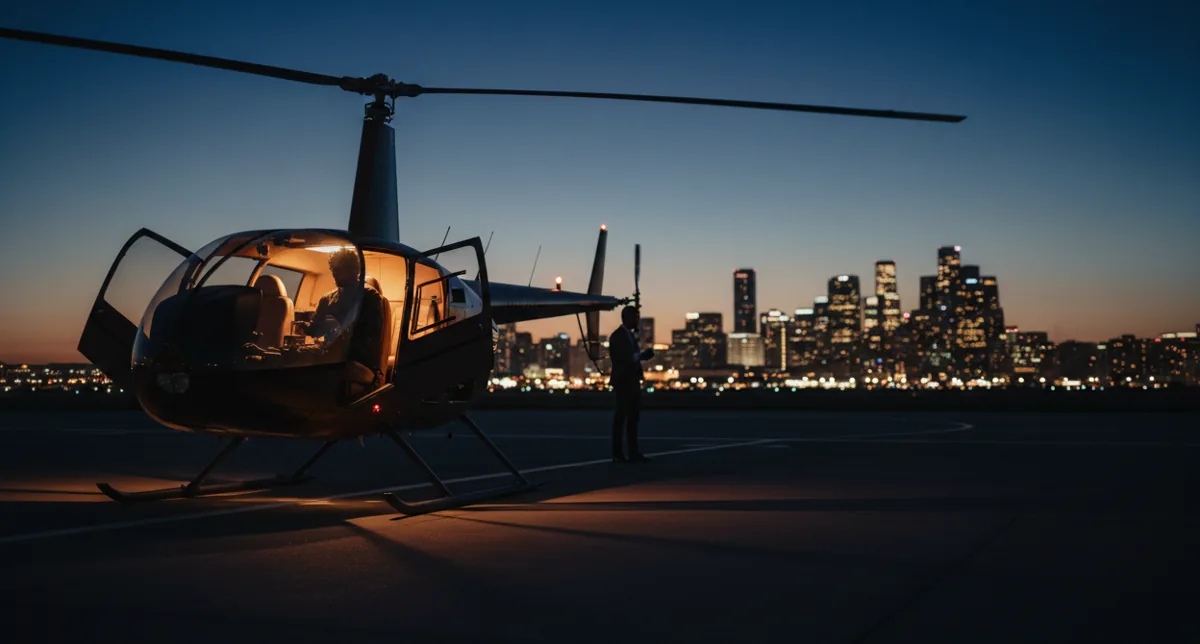A helicopter with an open door and glowing cabin lights sits on a tarmac at dusk.
