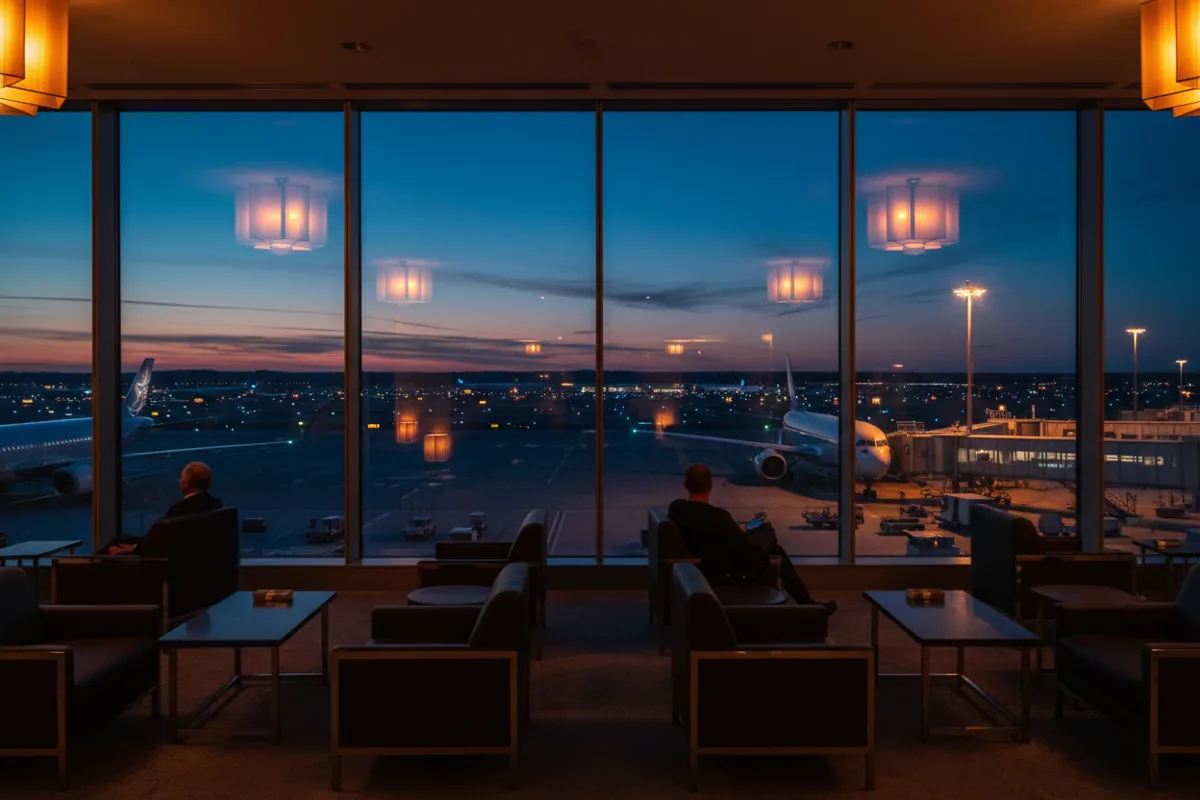 Inside a modern airport terminal at dusk, looking out through large windows onto the empty tarmac.