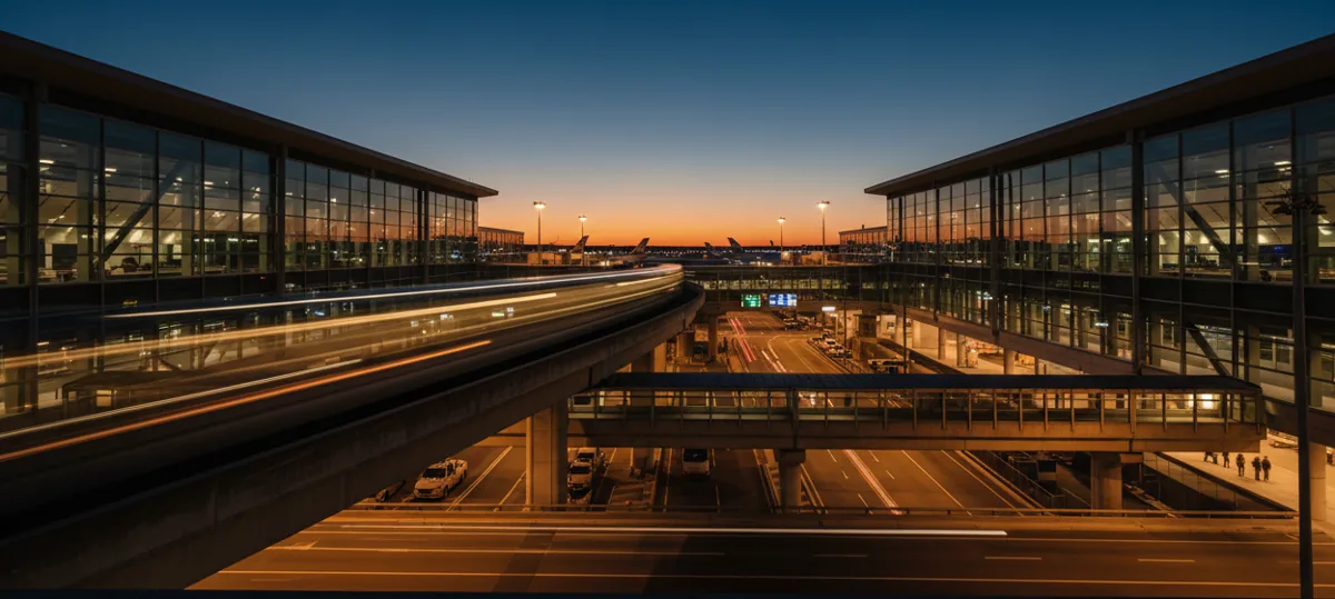 An elevated airport train moves between glowing terminals at dusk.
