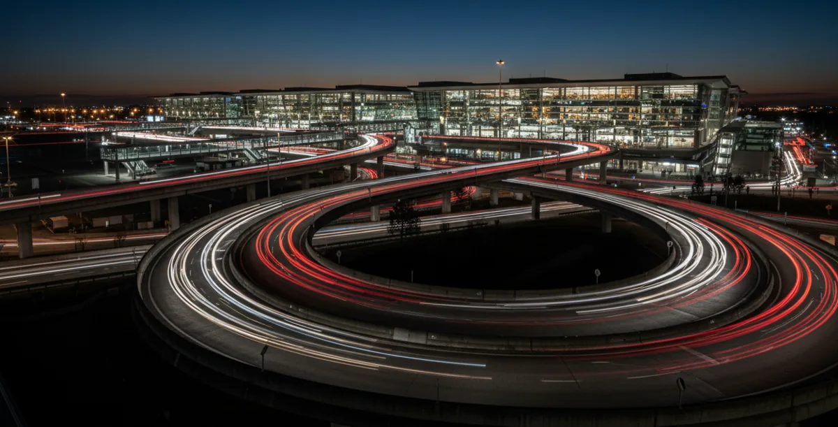 Long exposure shot of car light trails on the roads leading to an airport terminal at night.