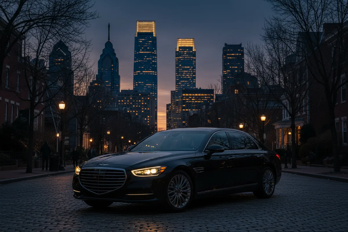A black luxury sedan on a quiet street at twilight with the Philadelphia skyline in the background.