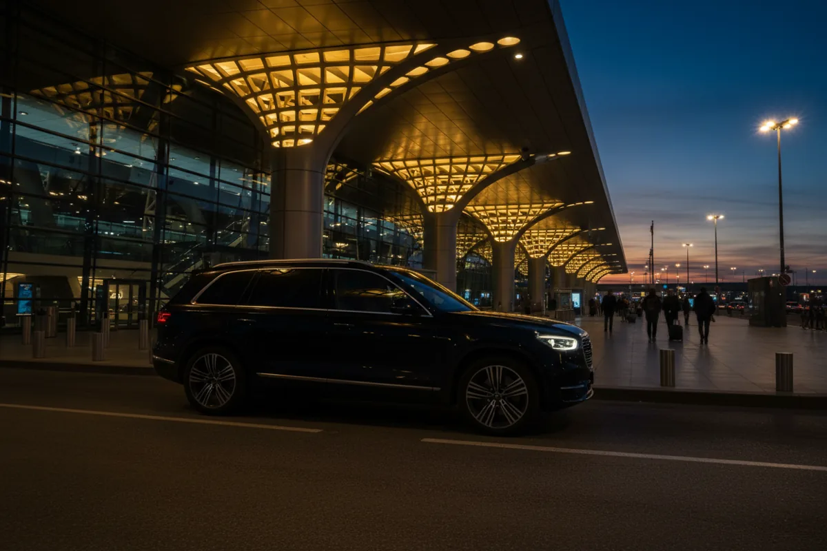 A luxury SUV is parked at an airport terminal curb in the evening.