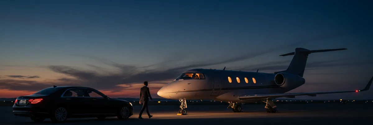 A passenger walks from a luxury car to a private jet on an airfield at twilight.