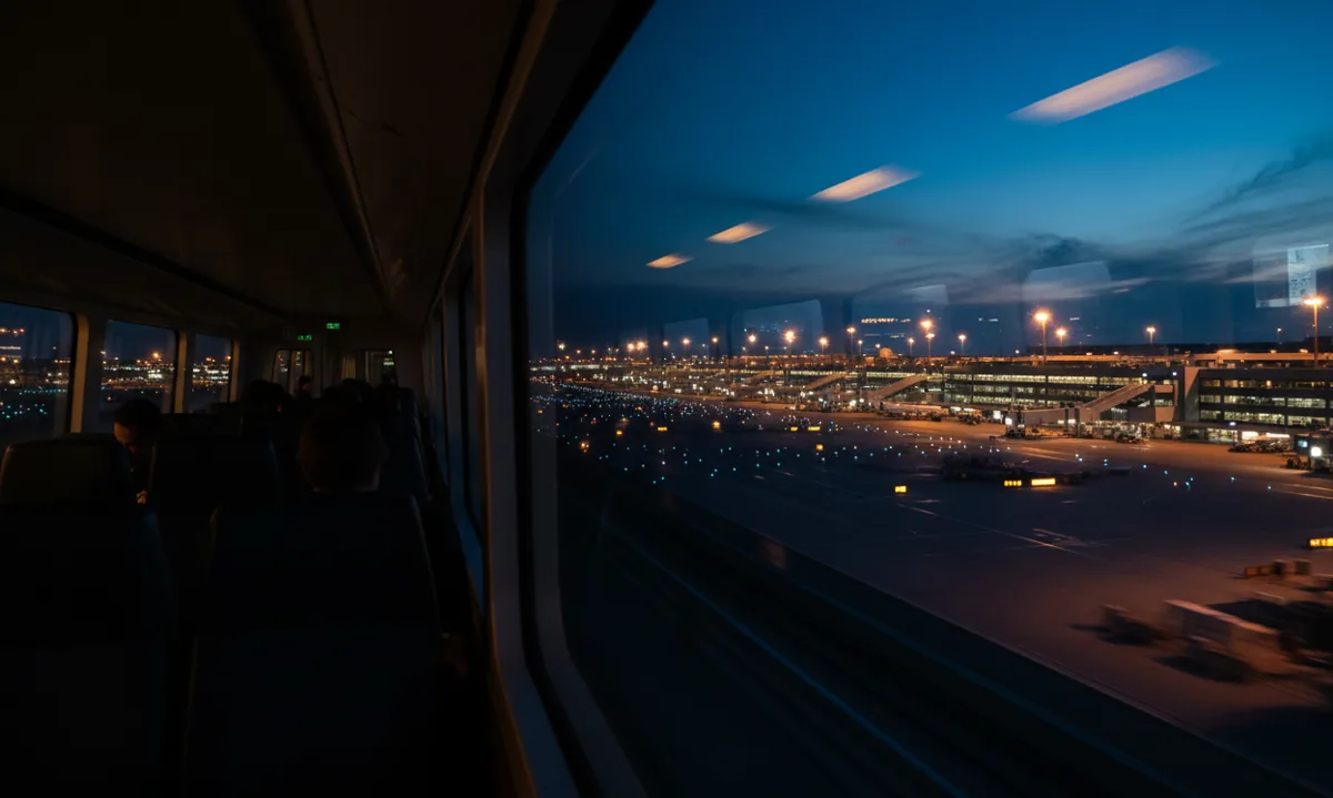 The view from an airport train at dusk, showing glowing terminal lights and the airfield outside the window.