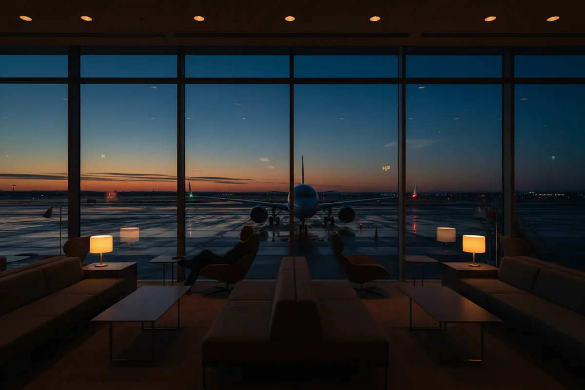 A person relaxing in a modern airport lounge, looking out a large window at an airplane on the tarmac at dusk.