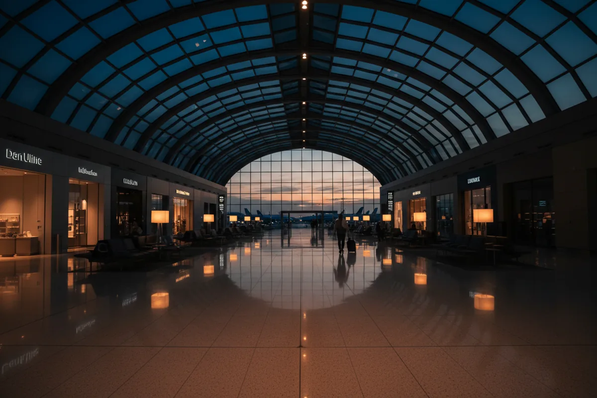 A wide, modern airport concourse at dusk with polished floors reflecting the warm architectural lighting.