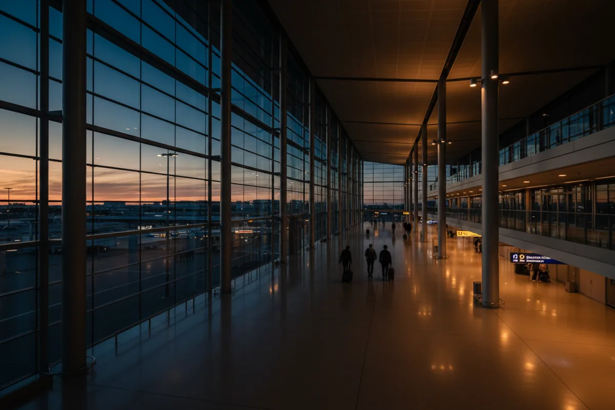 The interior of a spacious, modern airport terminal at twilight.