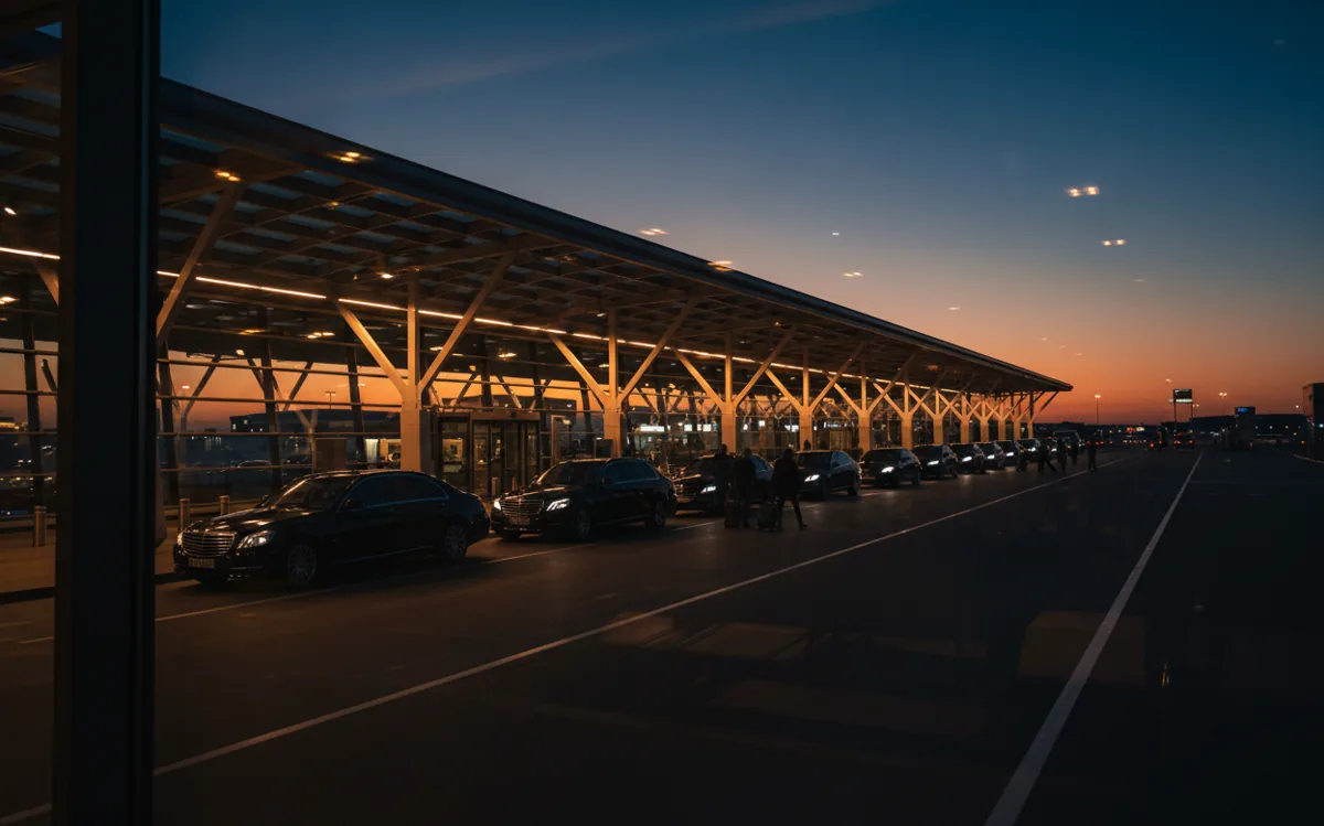 Black cars waiting at an airport terminal curb at dusk.