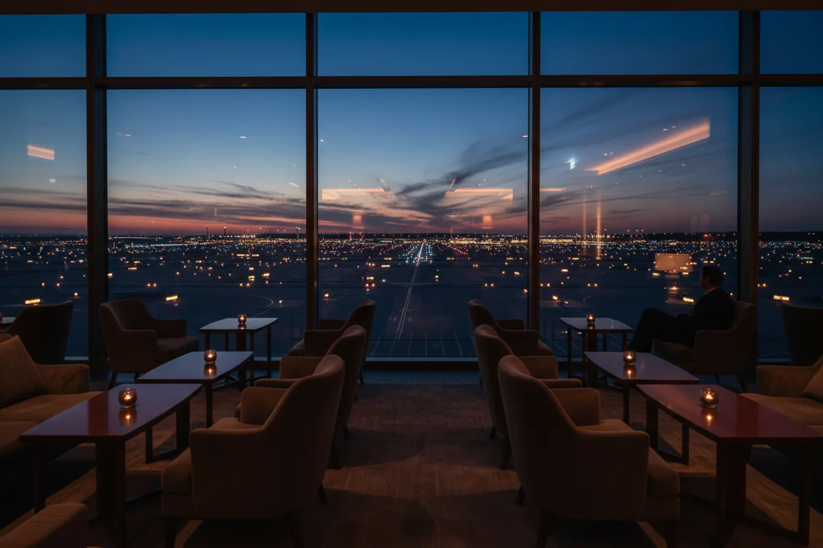 A quiet, luxurious airport lounge with a view of the tarmac at night.