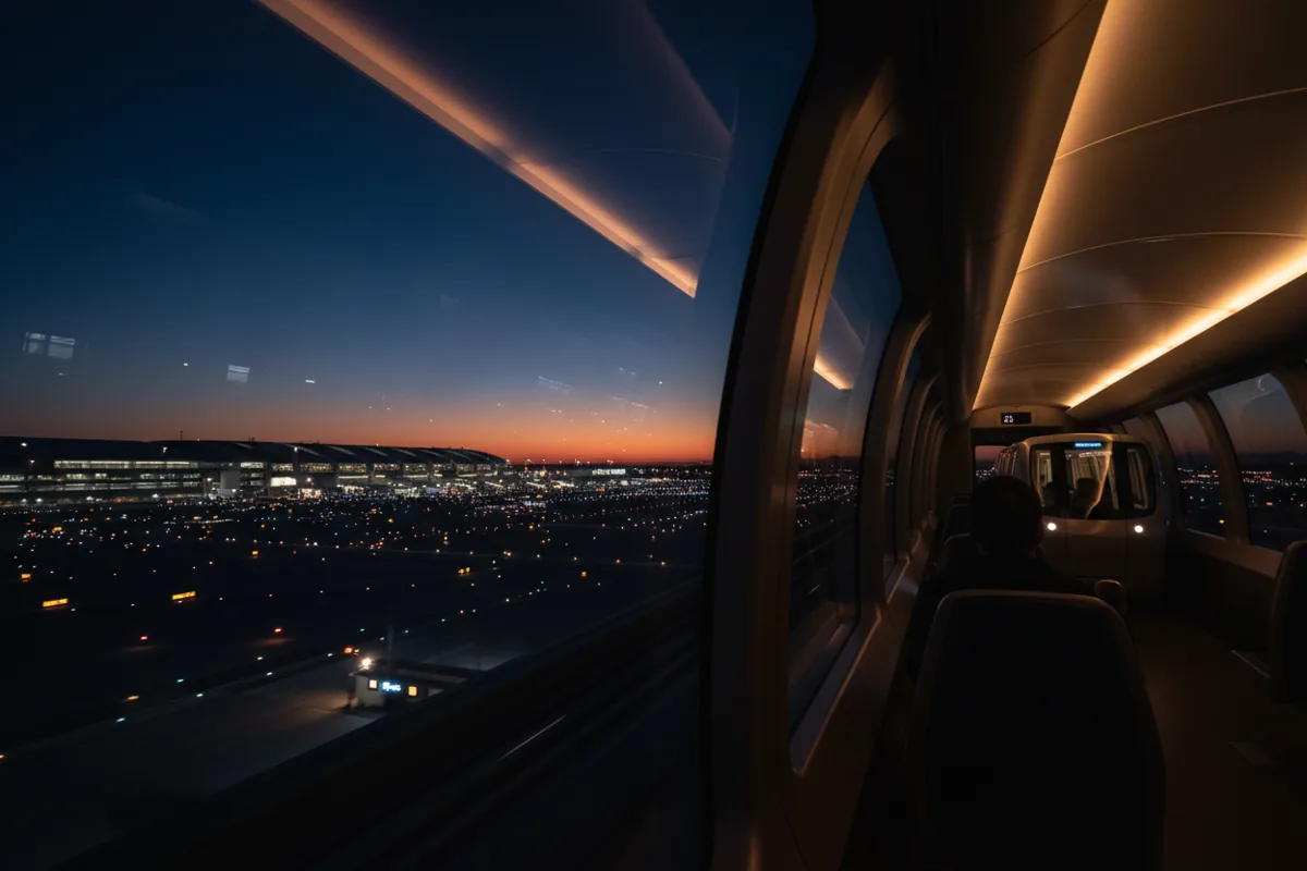 View of the JFK airport complex at dusk from inside a moving AirTrain.