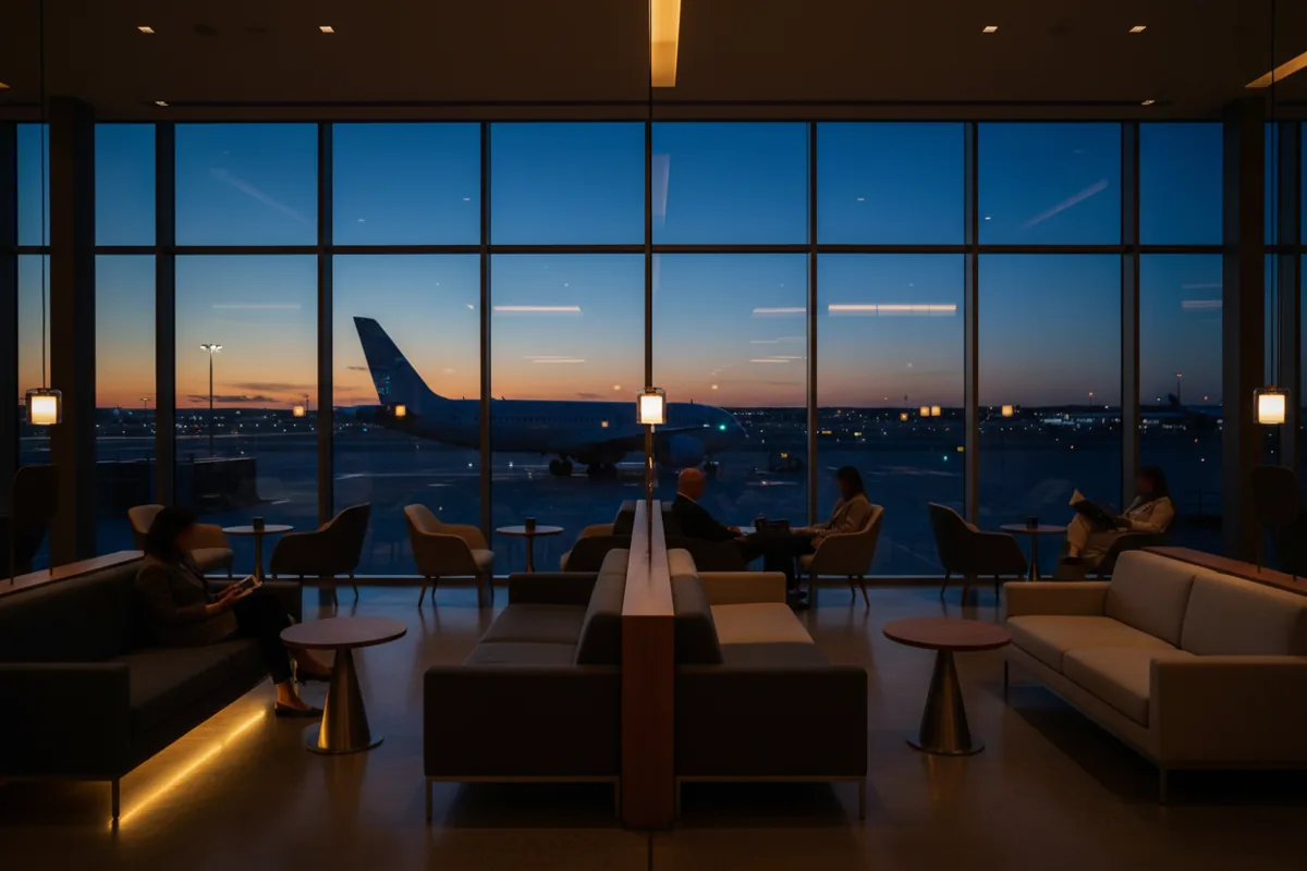 An upscale airport lounge with large windows overlooking the tarmac at dusk.