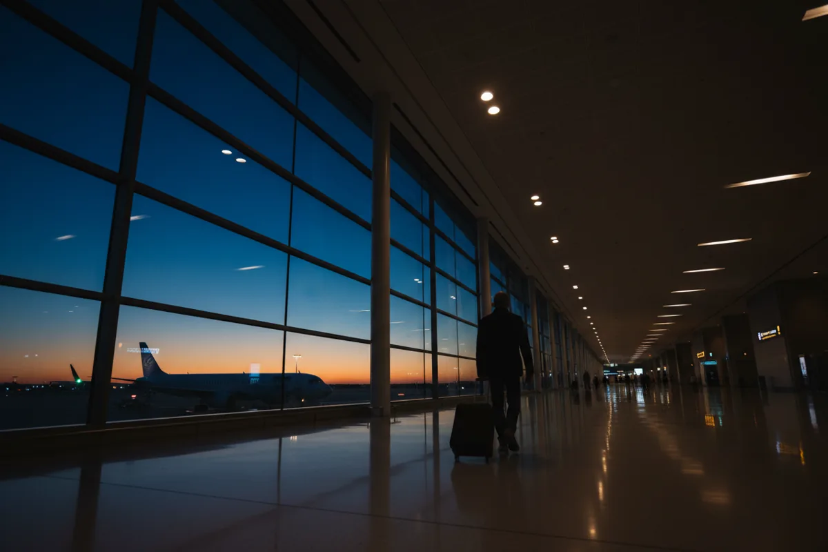 A traveler with a suitcase walks through an airport terminal toward a gate at dusk.