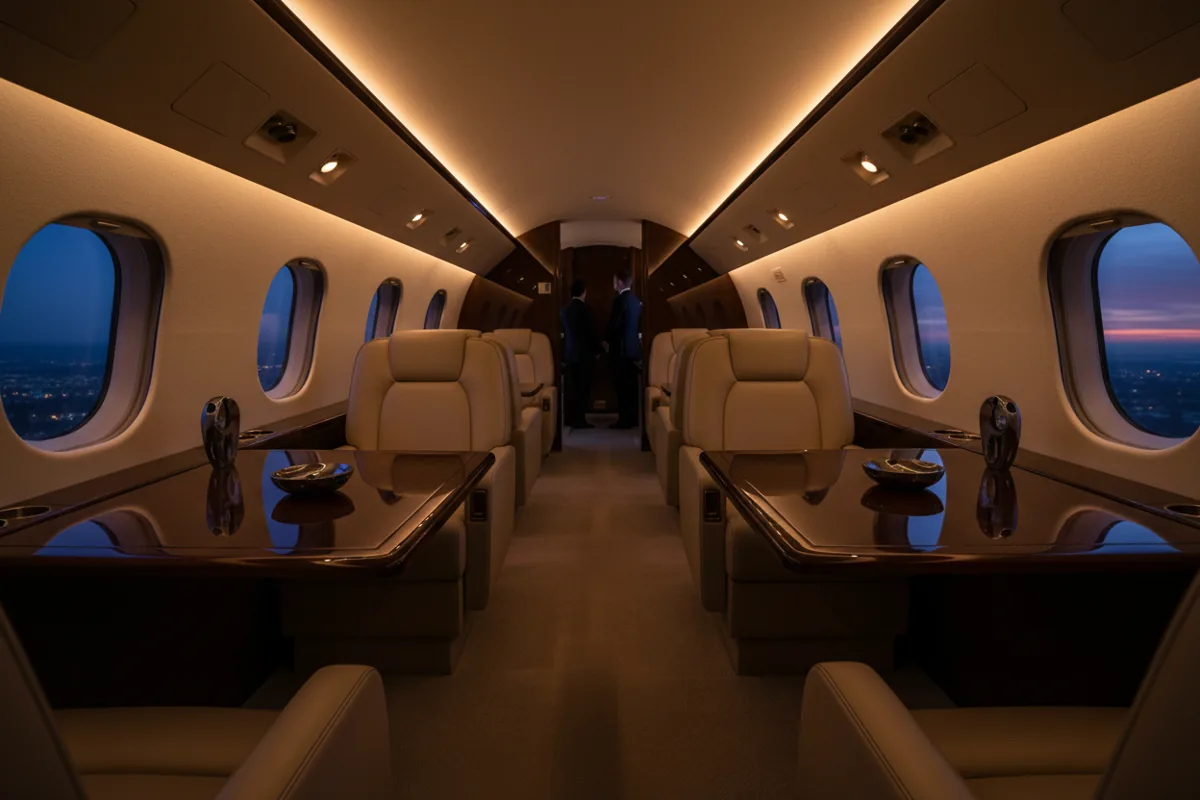 The empty, luxurious interior of a private jet cabin with leather seats and warm lighting.