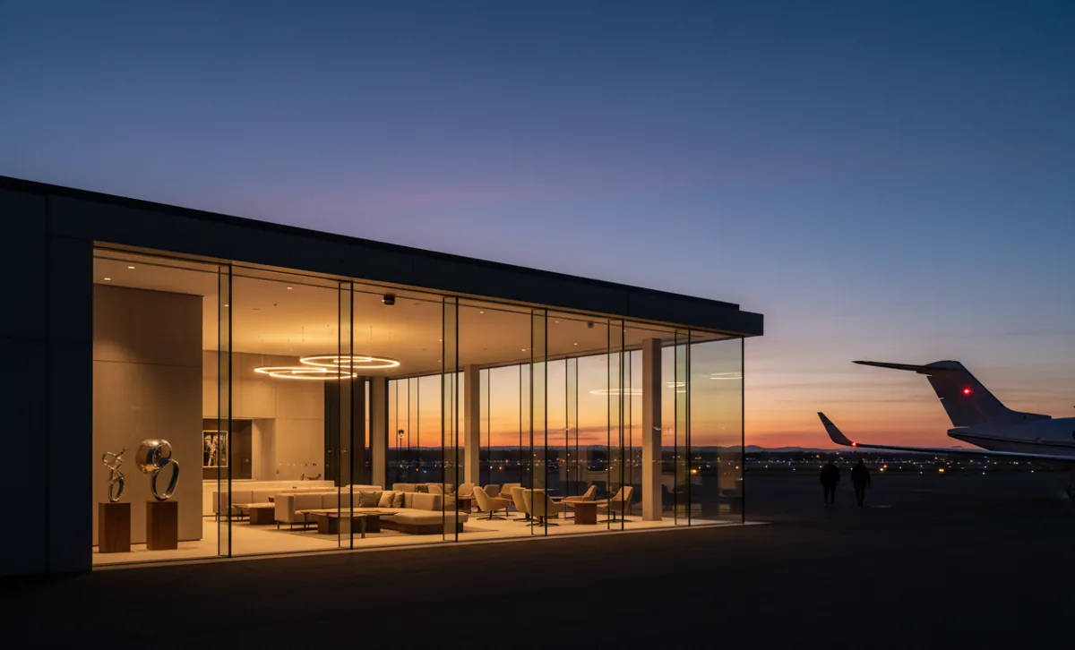 The exterior of a modern private air terminal at dusk, showing a quiet lounge through glass walls.