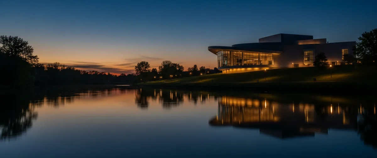 The modern Hancher Auditorium on the grassy banks of the Iowa River on a clear day.