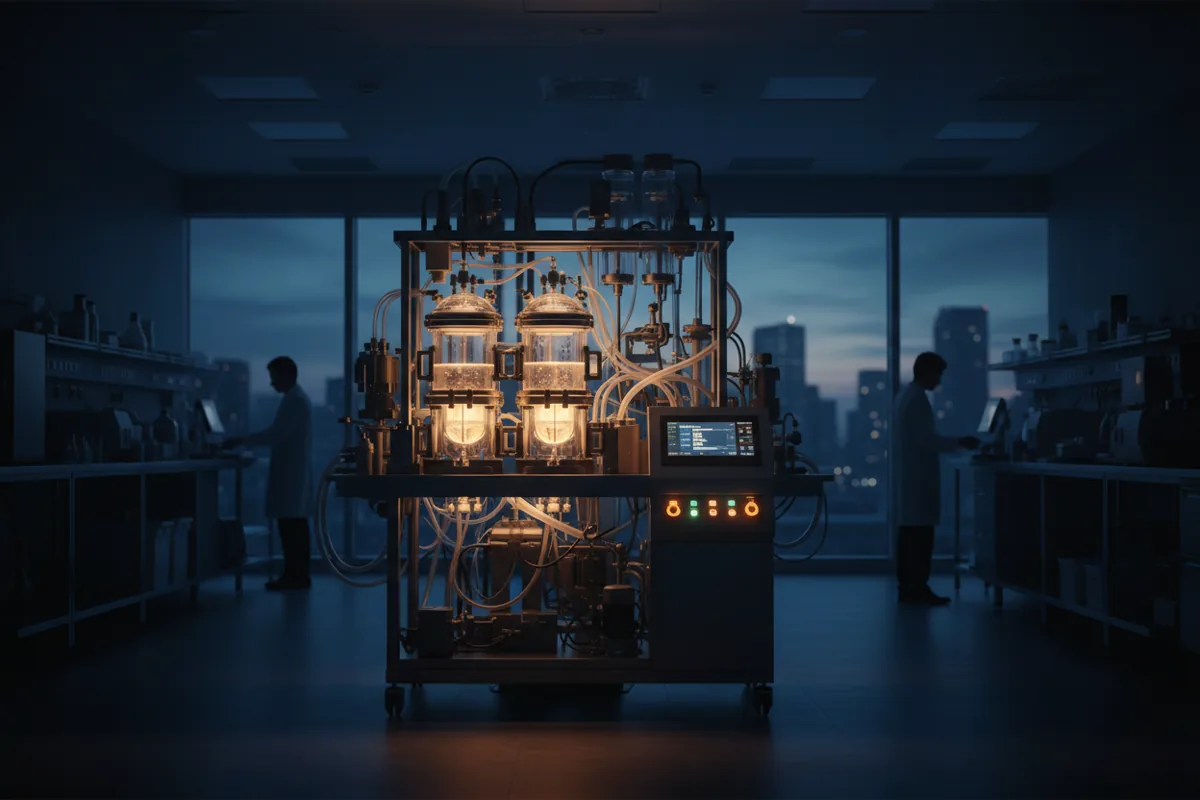 A modern organ preservation machine with a glowing interface in a dark laboratory.