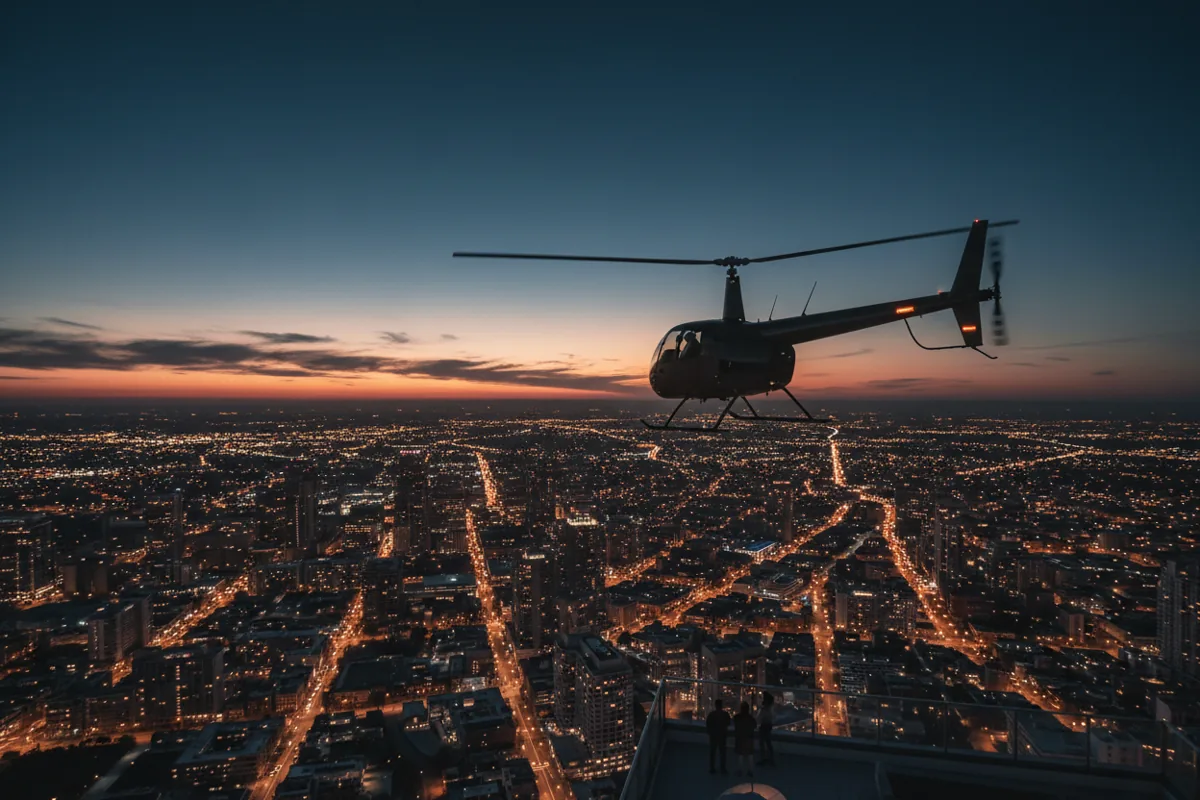 Helicopter flying over a city with illuminated streets at twilight.