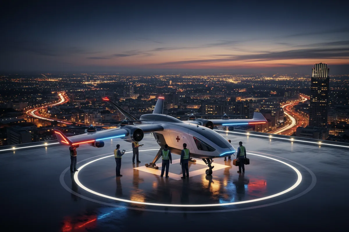 A large medical transport drone on a rooftop helipad at dusk, with city lights below.