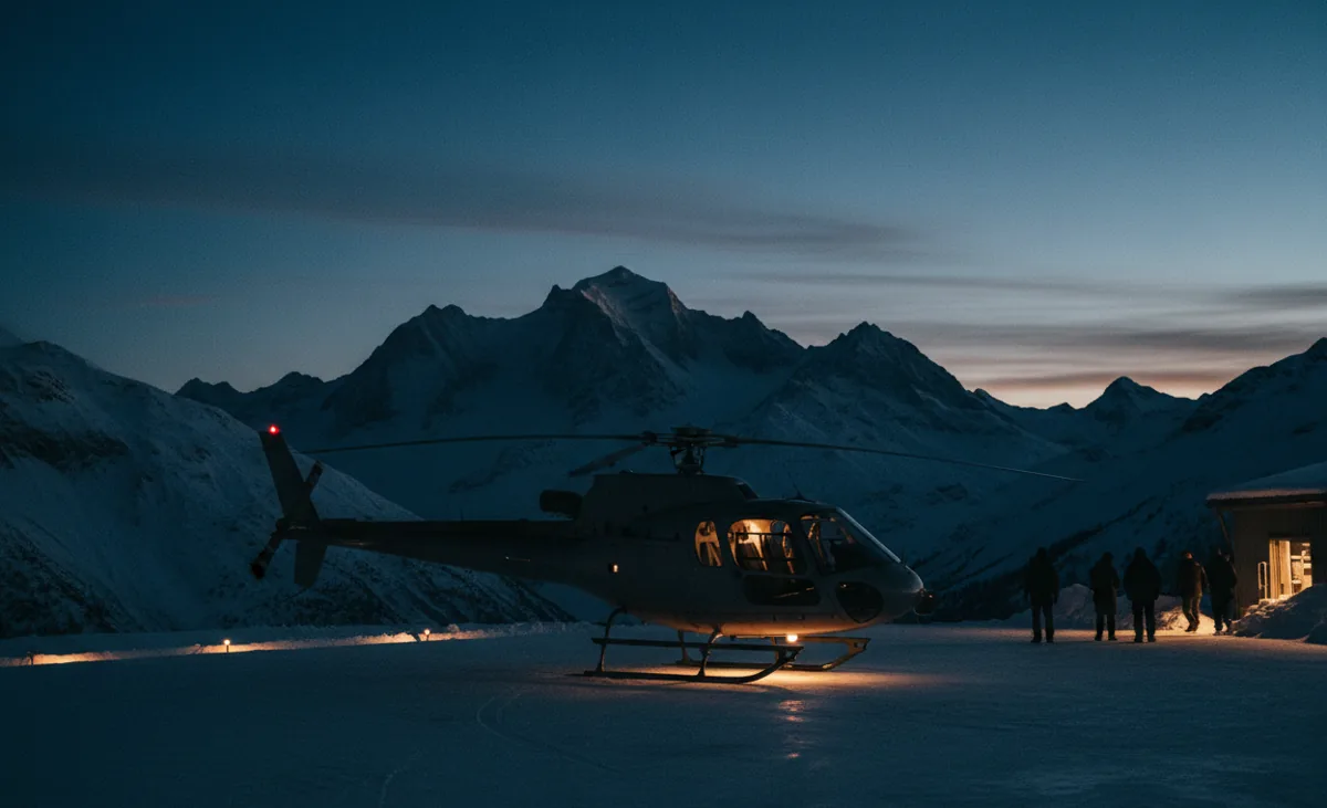 A twin-engine helicopter on a mountain helipad in Chamonix with Mont Blanc and the Aiguille du Midi behind it.