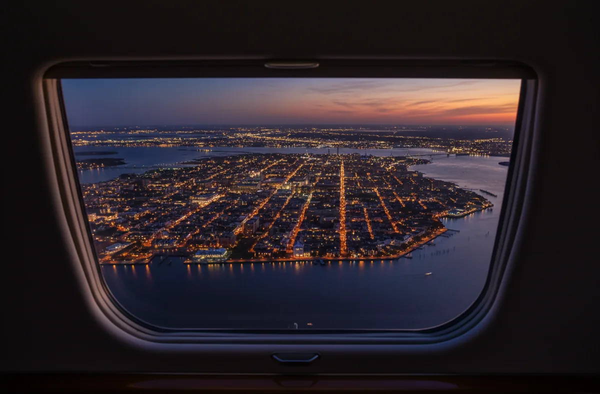 Aerial view of the Charleston peninsula at dusk, with city lights glowing against the water.