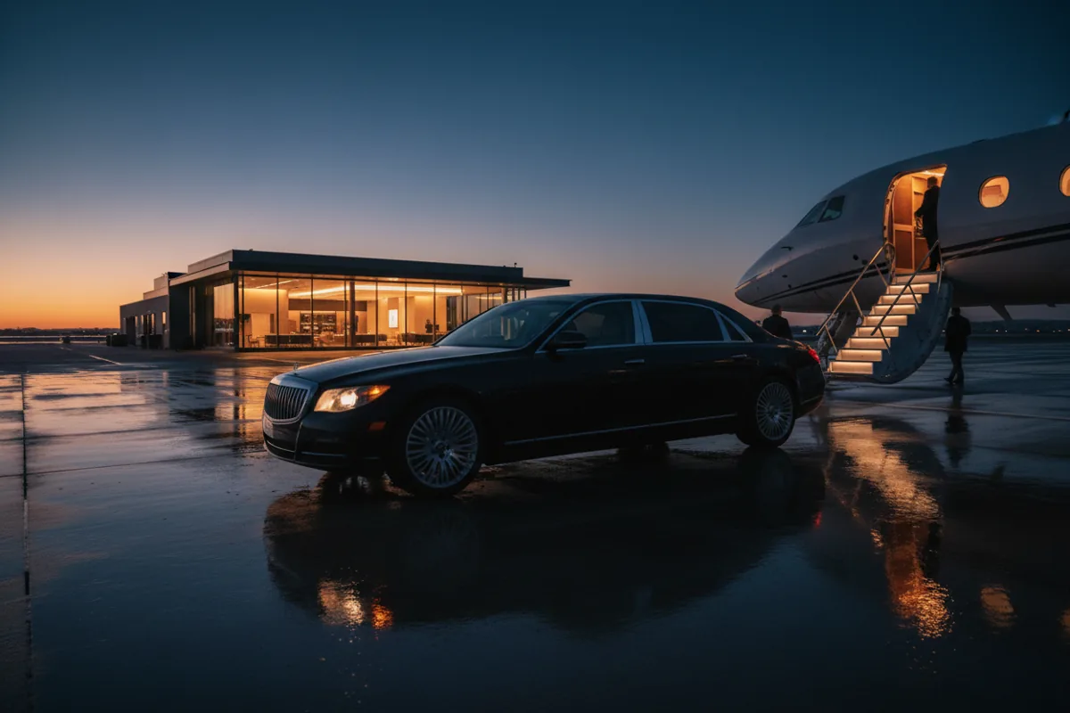 A luxury black car waits on the tarmac next to a private jet at twilight.