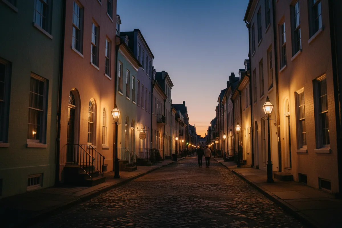 A historic street in Charleston with colorful houses illuminated by gas lamps at dusk.