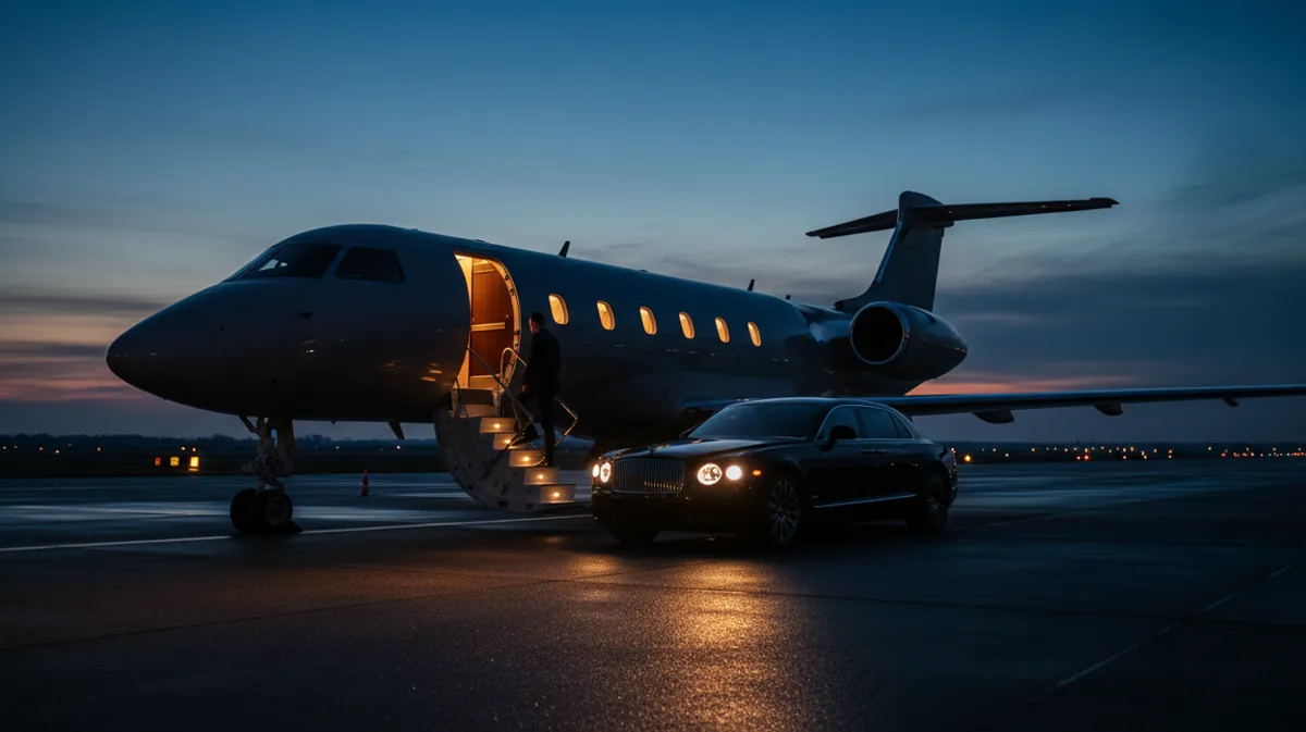A person boards a private jet from a car on the tarmac at twilight.