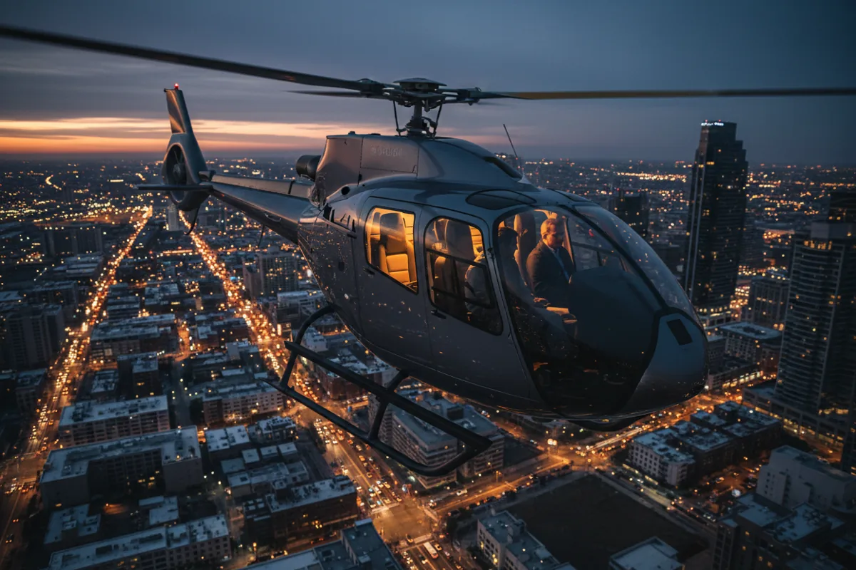 A helicopter flies over a brightly lit city at night.