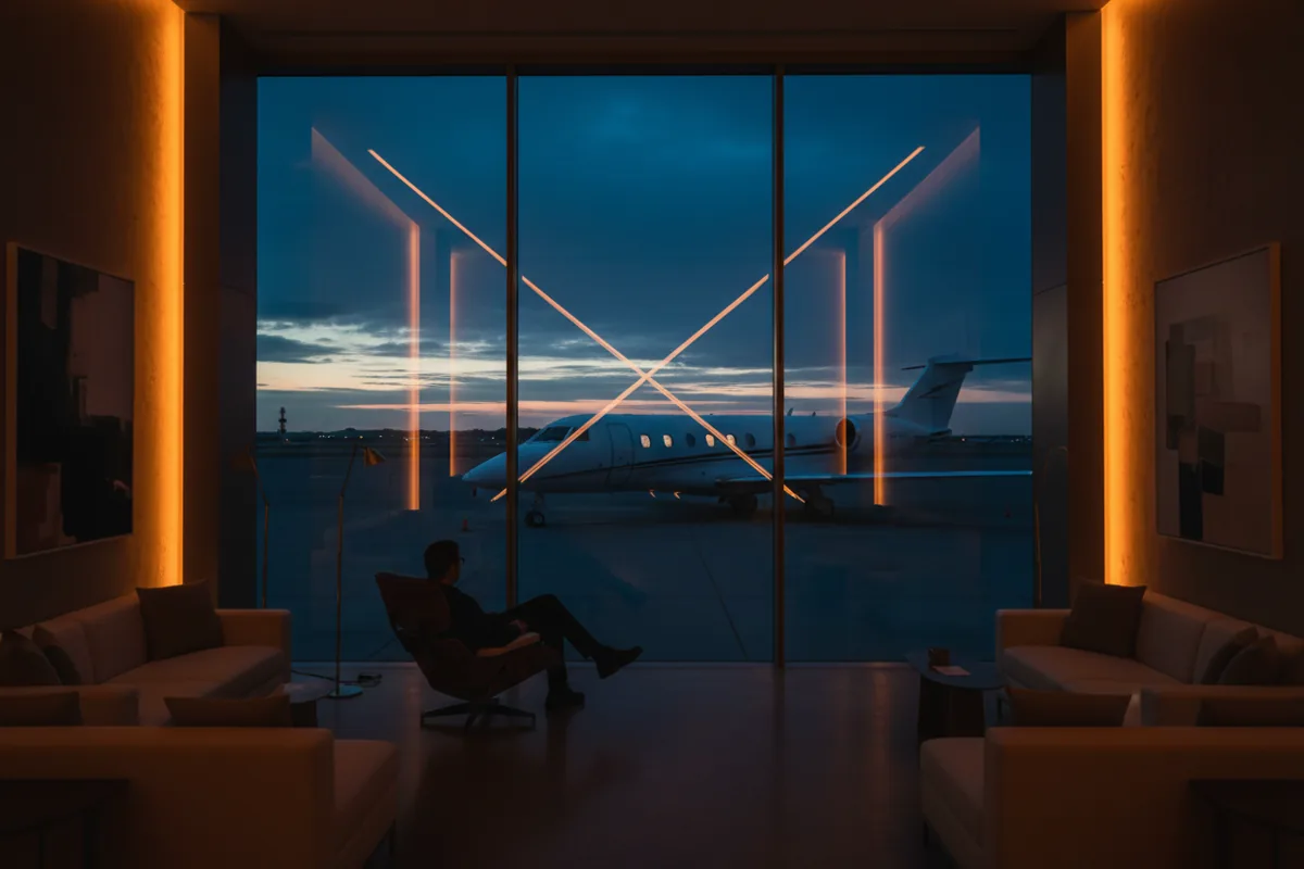 A person looks out from a modern airport lounge onto a private jet on the tarmac at twilight.