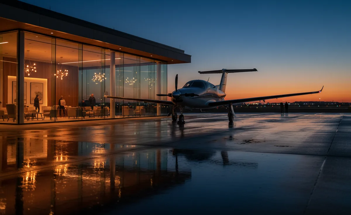 A turboprop airplane parked outside a modern private terminal at twilight.