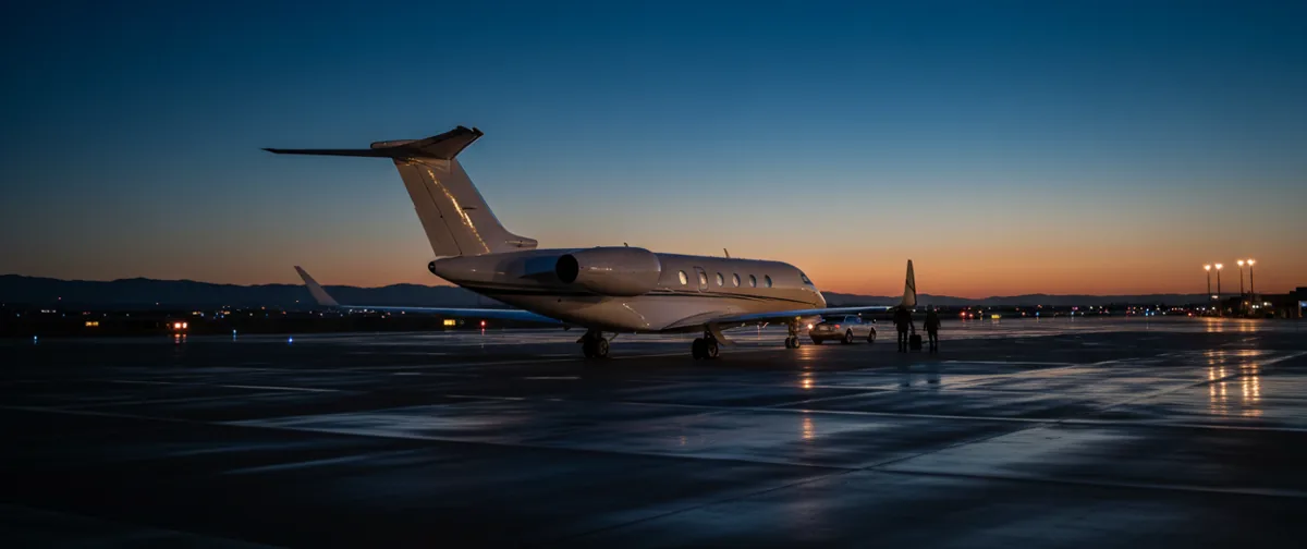 White private charter jet on an empty airport tarmac bathed in the warm light of a setting sun.