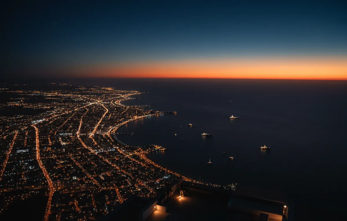 Aerial view of a coastal city's lights meeting the ocean at twilight.