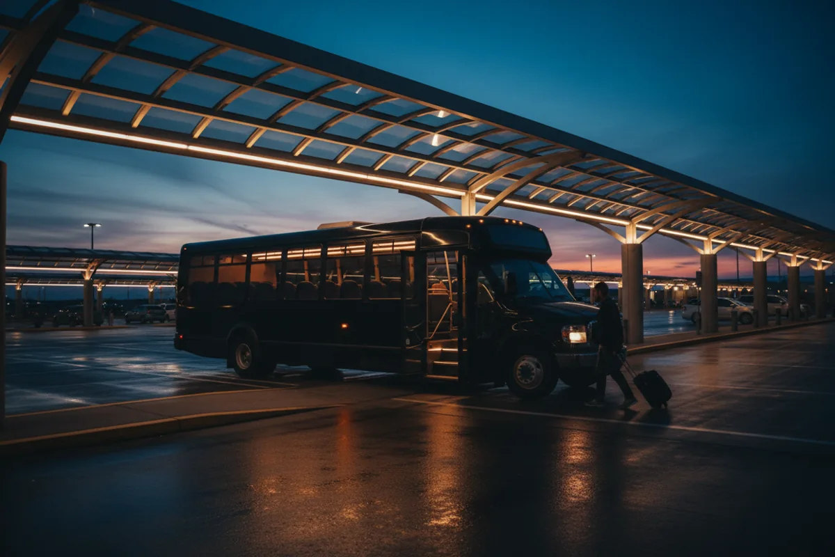 A traveler with luggage approaches a modern shuttle bus at an airport parking stop during twilight.