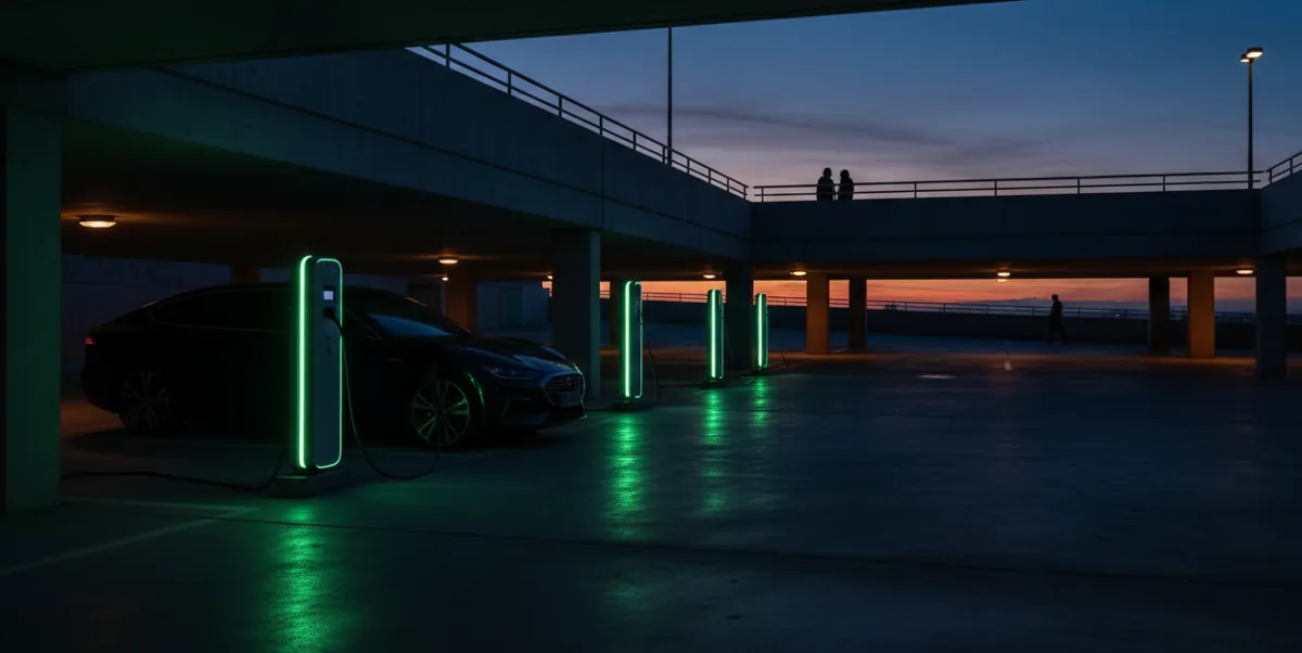 An electric vehicle is plugged into a glowing charging station inside a dimly lit parking garage.