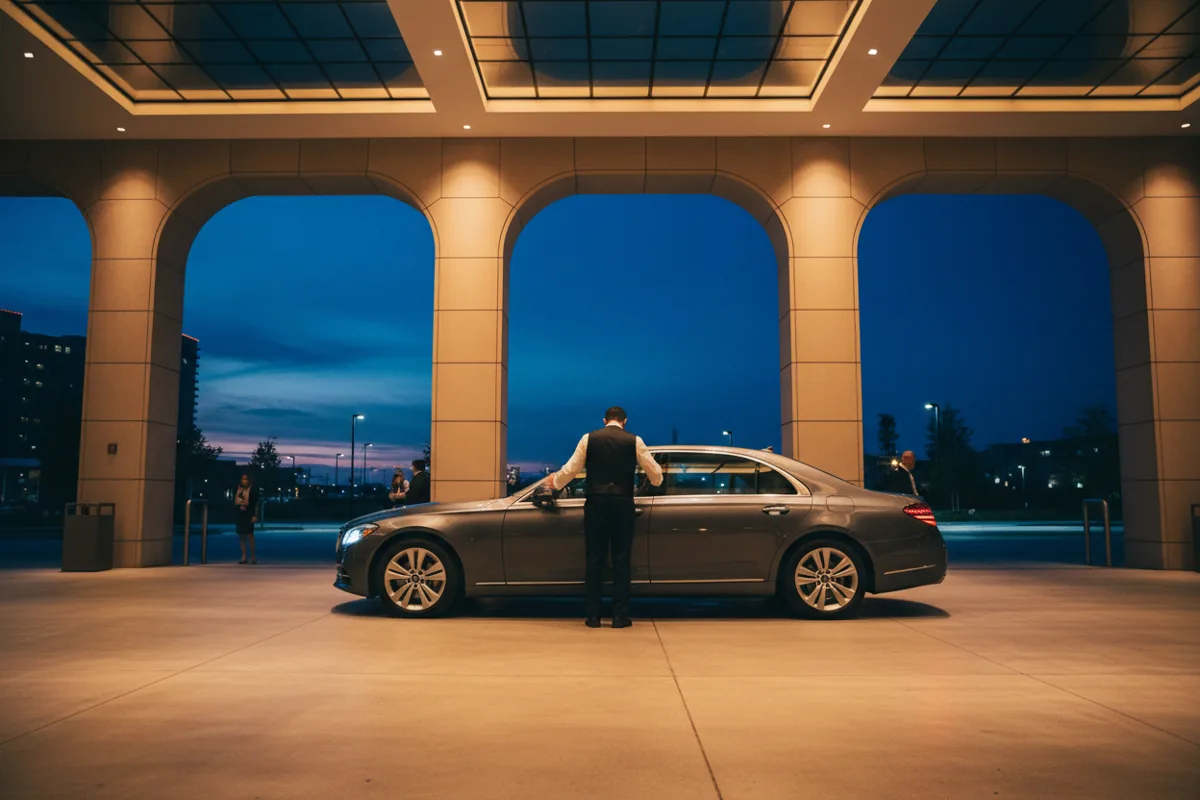 A valet attendant parks a luxury car in a covered, well-lit airport valet parking area at dusk.