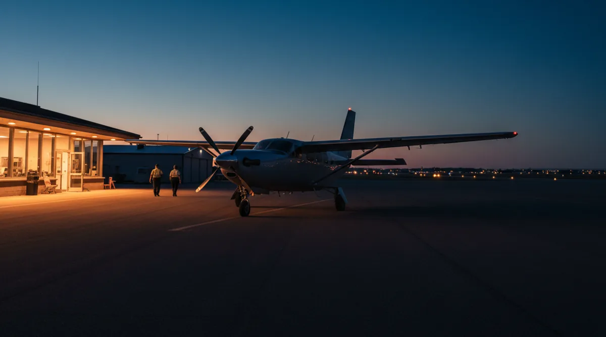 A single-engine turboprop aircraft parked at a regional airport at dusk.