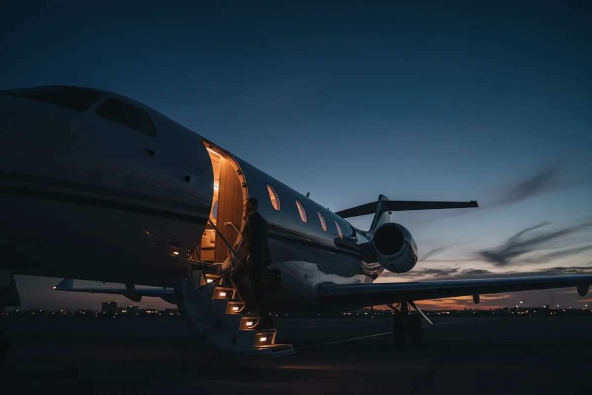 A passenger boards a small private jet at dusk, with warm light coming from the cabin door.