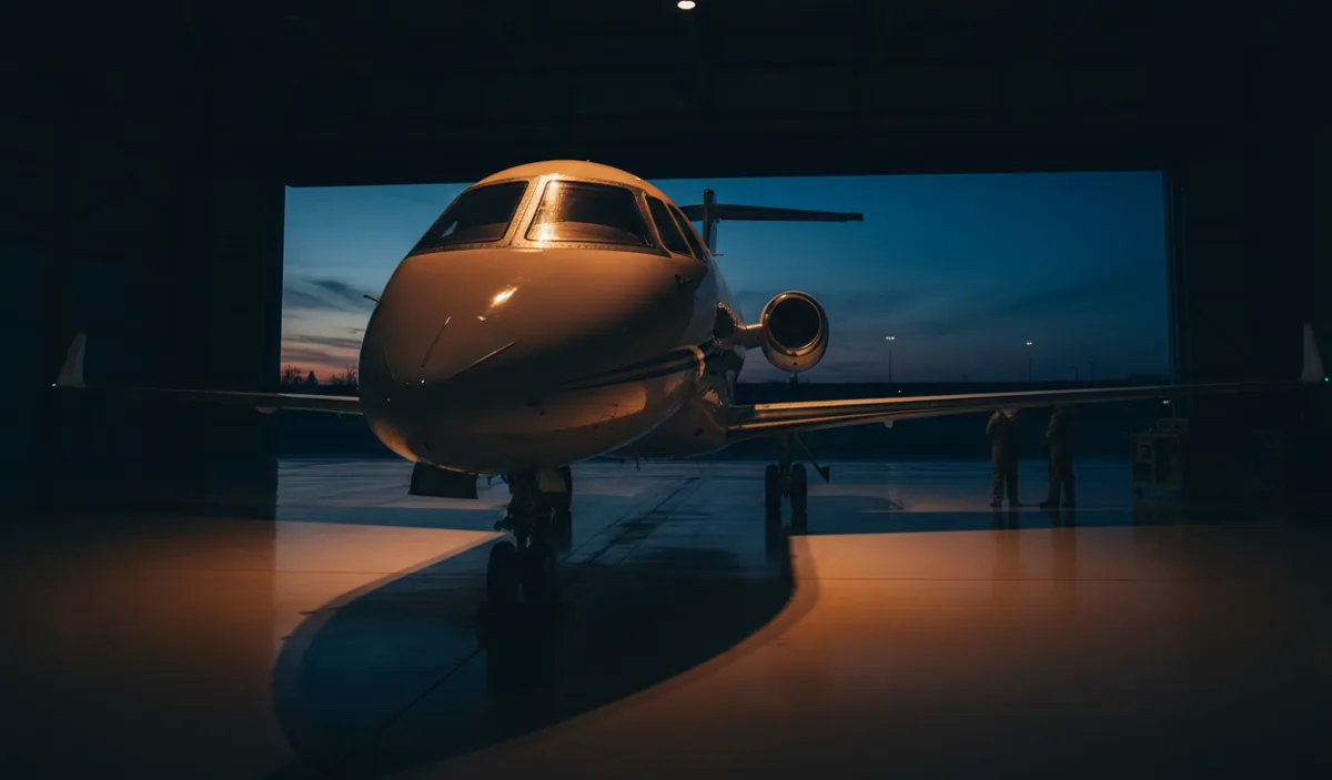 The nose and cockpit of a small jet inside a modern, dimly lit aircraft hangar.