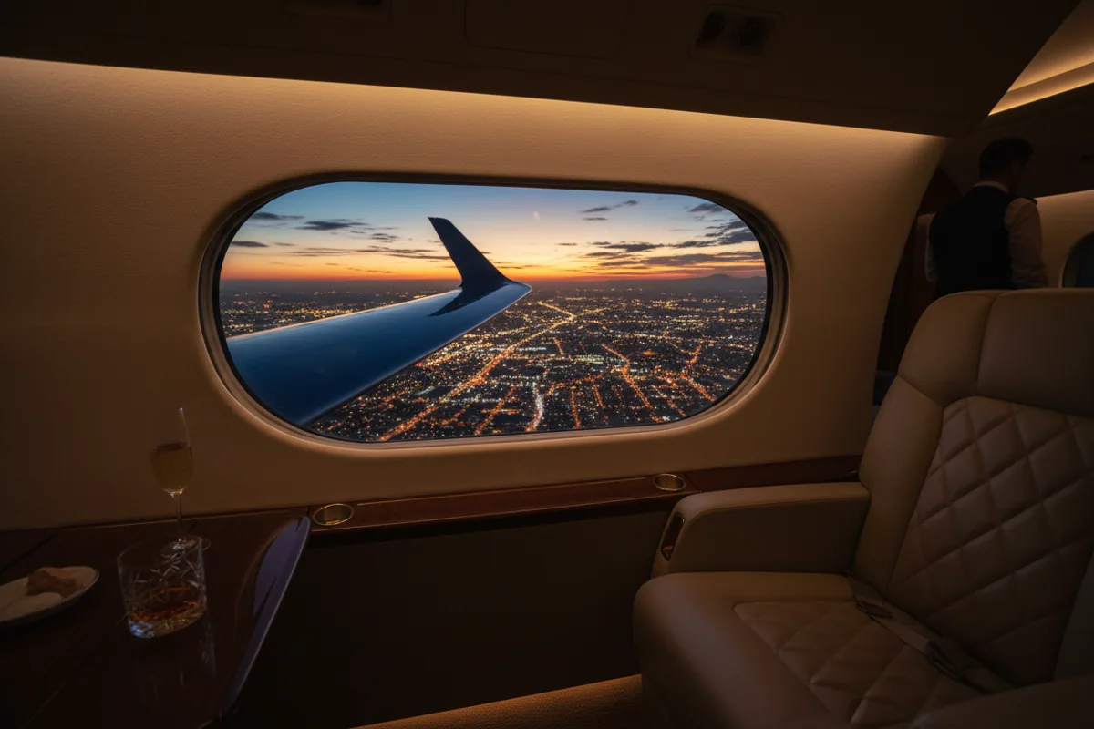 View of a city at night from the window of a private jet, with the aircraft's wing visible.