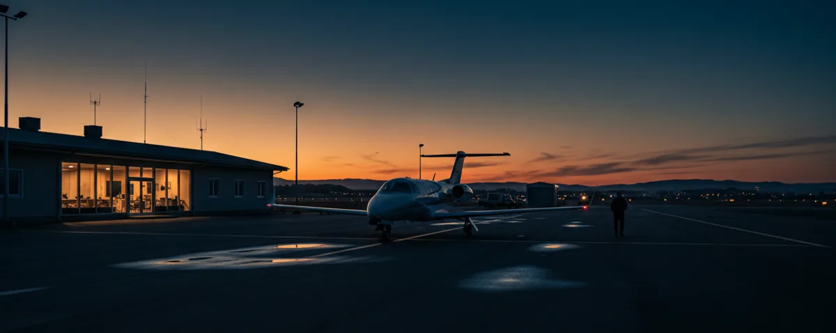 A small private jet parked on a quiet regional airport tarmac at twilight.